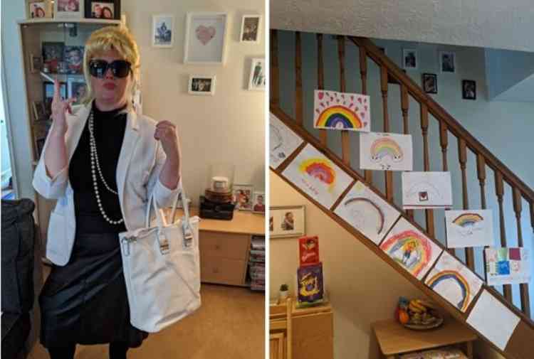 Pictured (L-R): Sarah Fletcher dressed as 'Ab Fab' star Patsy Stone and a staircase gallery of children's lockdown art