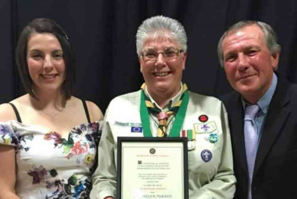 Helen Turner being awarded Honiton Honoured Citizen in May 2018; with daughter, Zoe Braunton-Turner (who is Scout Leader at Honiton) and husband, Ray Turner