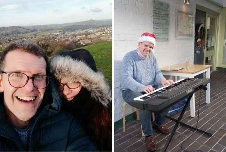Pictured (L-R): Mark McGrath with his wife on Roundball Hill overlooking Honiton and Mark playing piano in Black Lion Court
