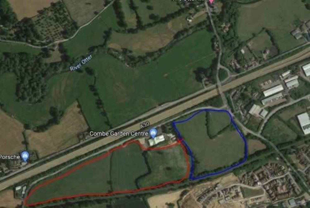 Hayne Lane site in Honiton – land in blue owned by EDDC and in red owned by Combe Estates