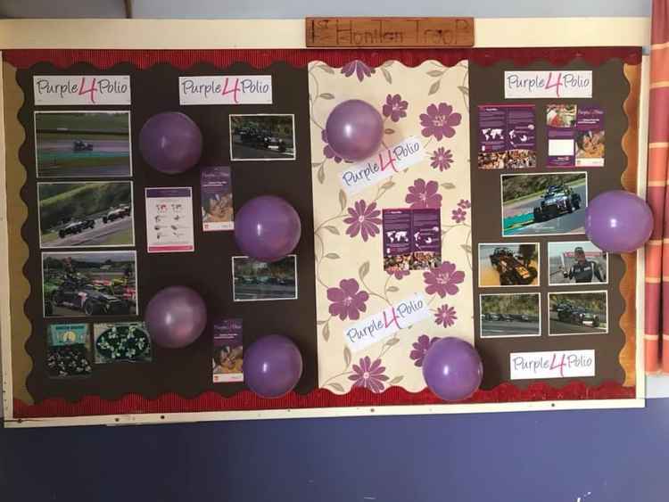 Our Purple4Polio notice board in the Scout Hall