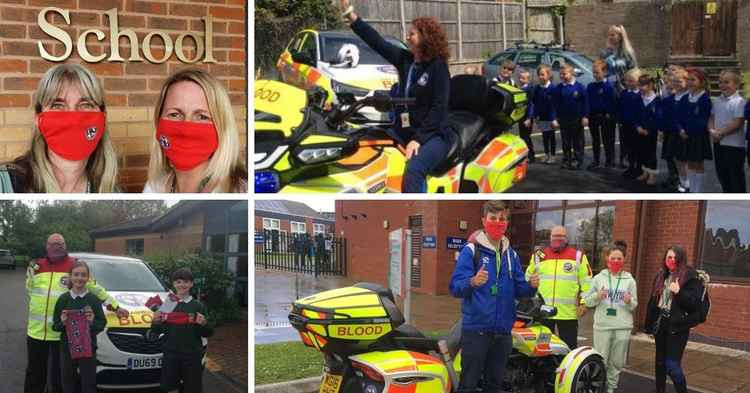 Devon Freewheelers volunteers donated free face masks to schools in Exmouth. Clockwise, top: Staff at St Joseph's Catholic Primary School wearing their masks; sitting on a Blood Bike is Sarah Padbury, Head of Learning at Littleham Church of England Pr