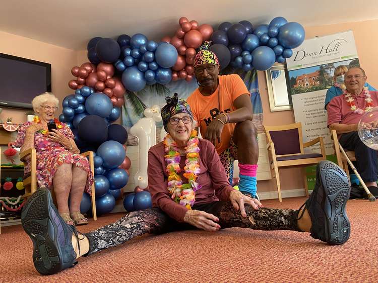 Marion Watson celebrating her 102nd birthday with Mr Motivator