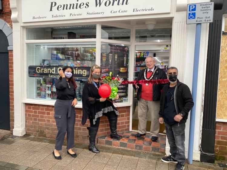 Mayor of Ashby Graham Allman and Mayoress Charmaigne officially opened Pennies Worth with the owners, husband and wife, Abdul and Bash Wahab