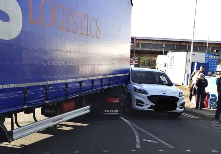 The lorry hit the side of the car at the Dents Road Junction: Photo: Ashby Fire Station Facebook page