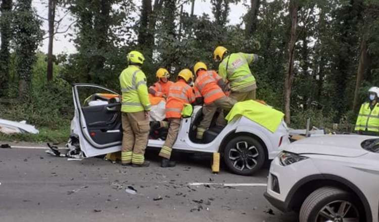 Fire crews freed the trapped driver by taking the roof of the car. Photo: Ashby Fire Station