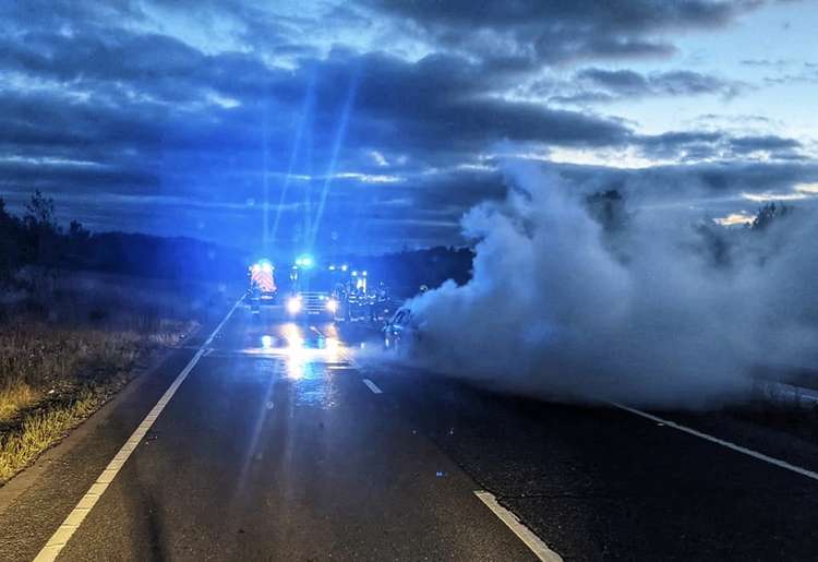 The car was fully ablaze on the dual carriageway. Photo: Ashby Fire Station Facebook page