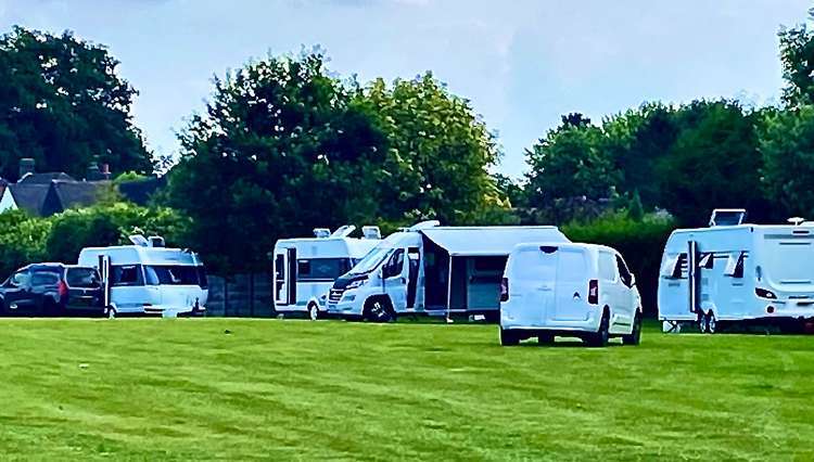 A Traveller camp set up on the Westfields Recreation Ground in July before moving on to Western Park. Photo: Ashby Nub News