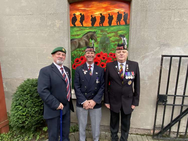 Kelvin Young, treasurer of the Ashby Royal British Legion, Tommy Millar, from Basingstoke RBL, and Alec Moore, also from the Ashby branch, in front of the new artwork