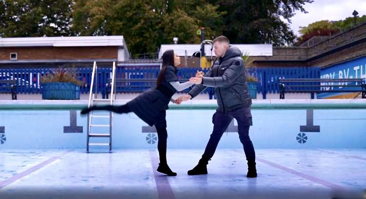 Adam and Katya practicd their routine in an empty Ashby Lido. Photo: BBC iPlayer