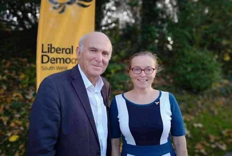 (L to R) Former Liberal Democrat Leader Vince Cable with the party's East Devon candidate Eleanor Rylance.