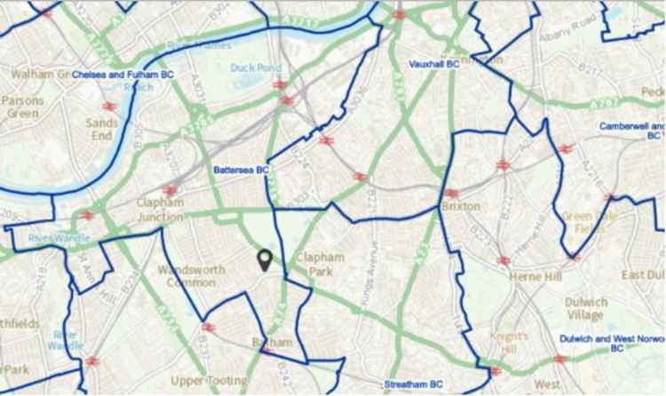 In the current parliamentary boundaries Clapham is split across Streatham and Battersea constituencies / Credit: Boundary Commission for England