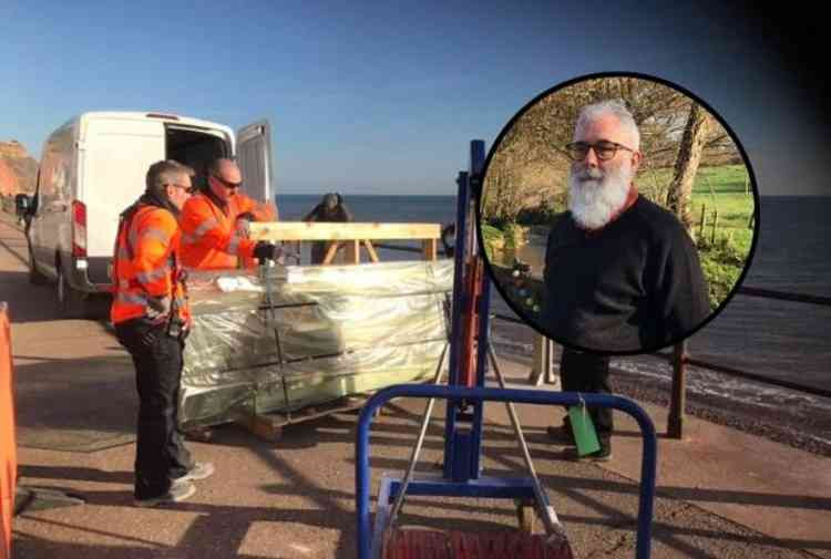 A test section of splash wall being installed on Sidmouth Esplanade (Inset: Sidmouth Rural District Councillor John Loudon). Pictures courtesy of John Loudon.