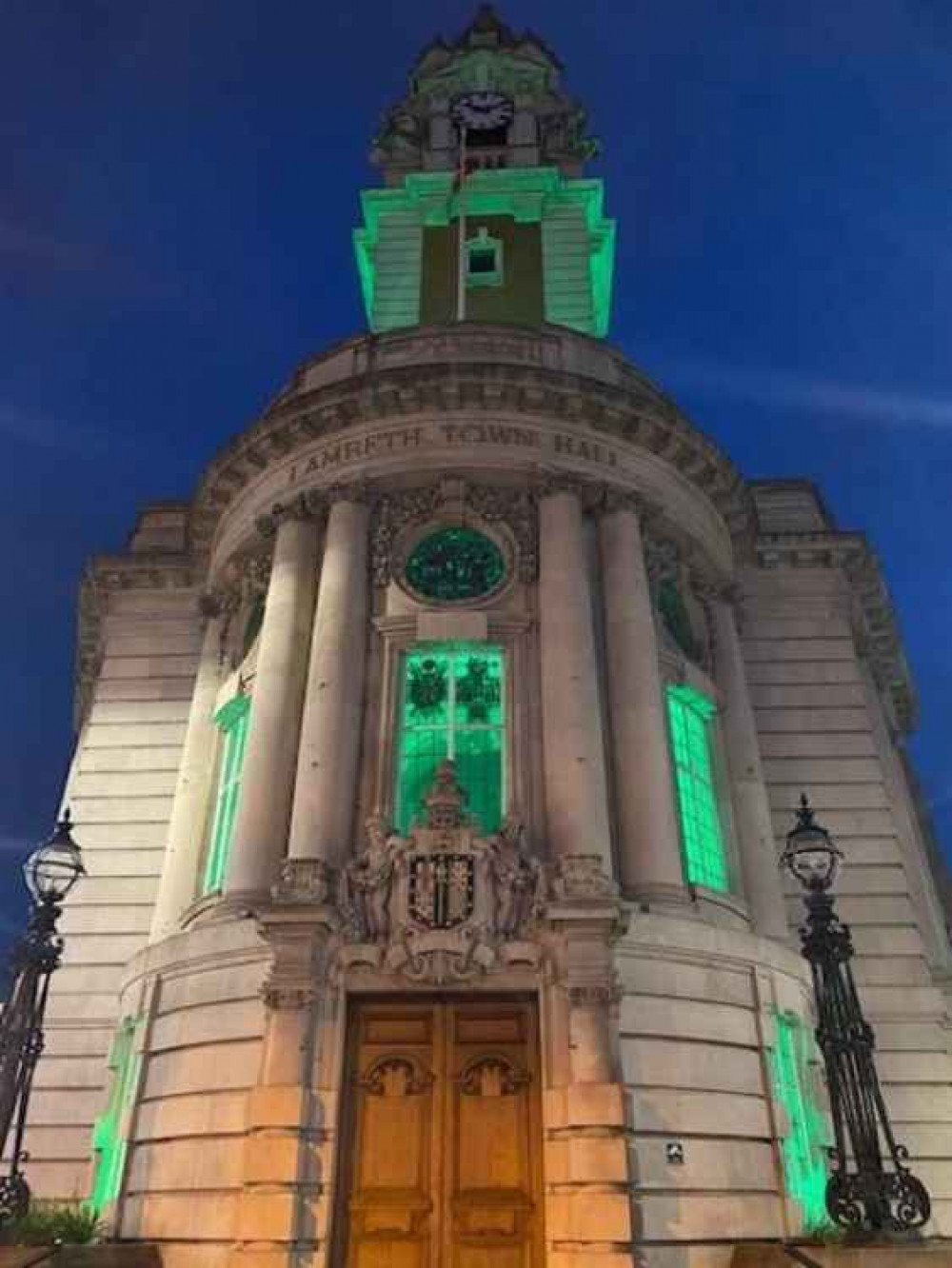 Lambeth Town Hall, the location of Lambeth Council offices, was lit green last night (Image: Love Lambeth)