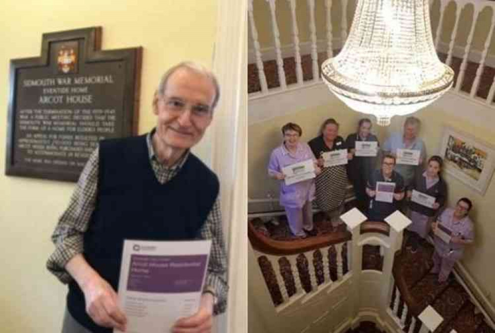 Pictured (L-R): Jeff with the 'Outstanding' certificate and staff members at Arcot House in Sidmouth.