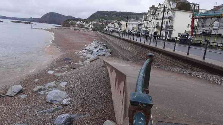 Rock armour exposed on Sidmouth seafront.
