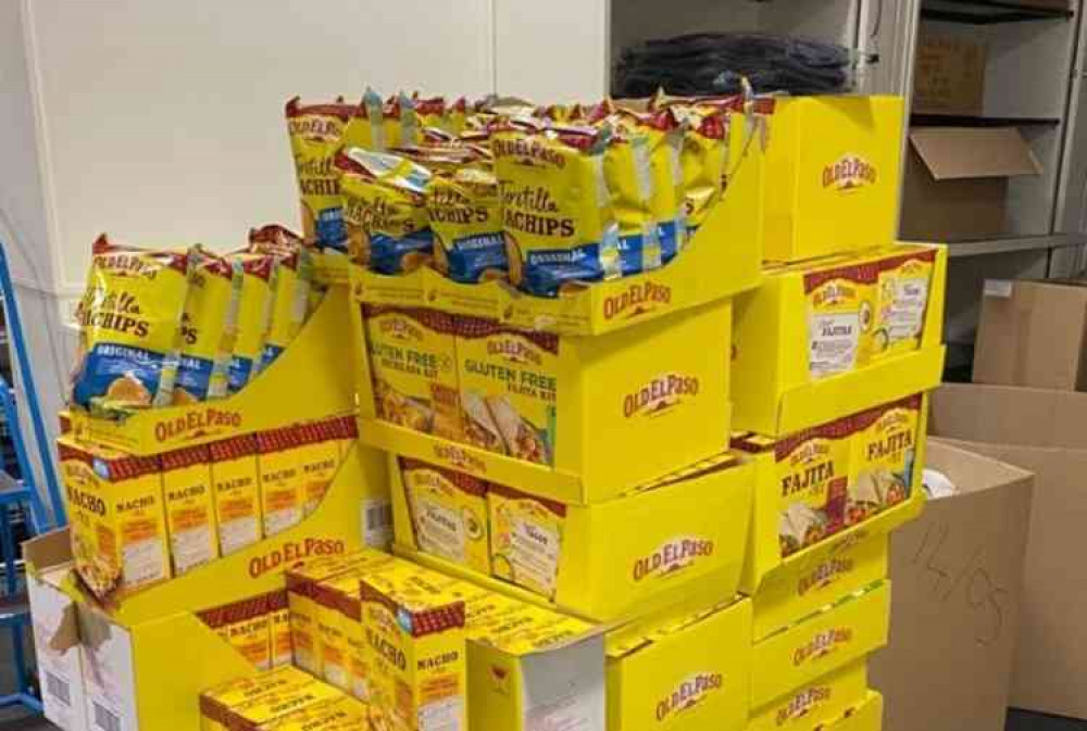 The pallet of Mexican food kits given to Sid Valley Food Bank by Sidmouth's Lidl supermarket. Image courtesy of Ian Barlow.