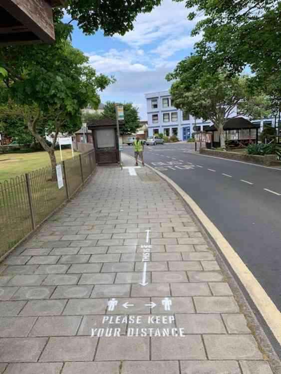 Two metre social distancing stencils have been installed in Sidmouth. Image courtesy of Stuart Hughes.