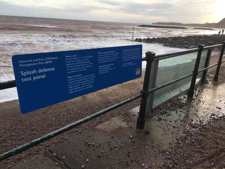 The glass sea wall on Sidmouth seafront during Storm Dennis. Image courtesy of Daniel Clark.