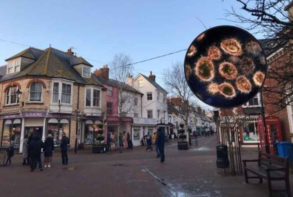 Sidmouth Town Centre. Inset: An image captured by a medical microscope of the structure of the Coronavirus. Image courtesy of NIAID-RML.