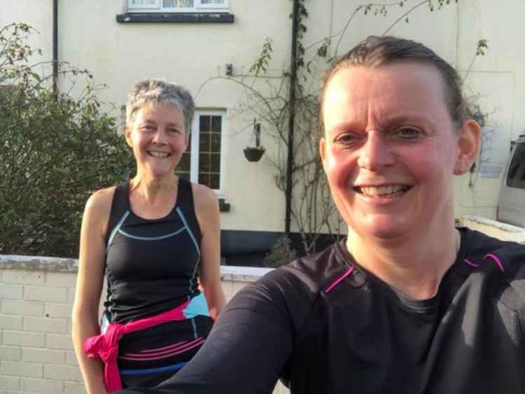 Smiles all around for Carolyn Sinclair and Cheryl Boulton at the end of their 10k