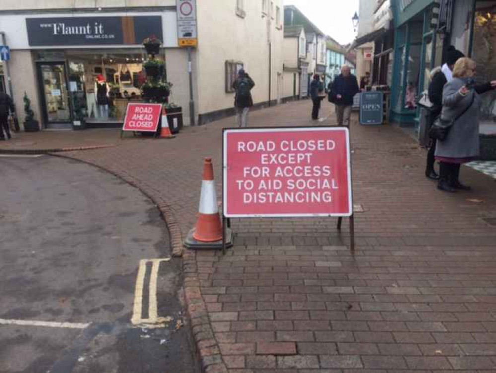 Sidmouth town centre with road closures in response to Covid-19