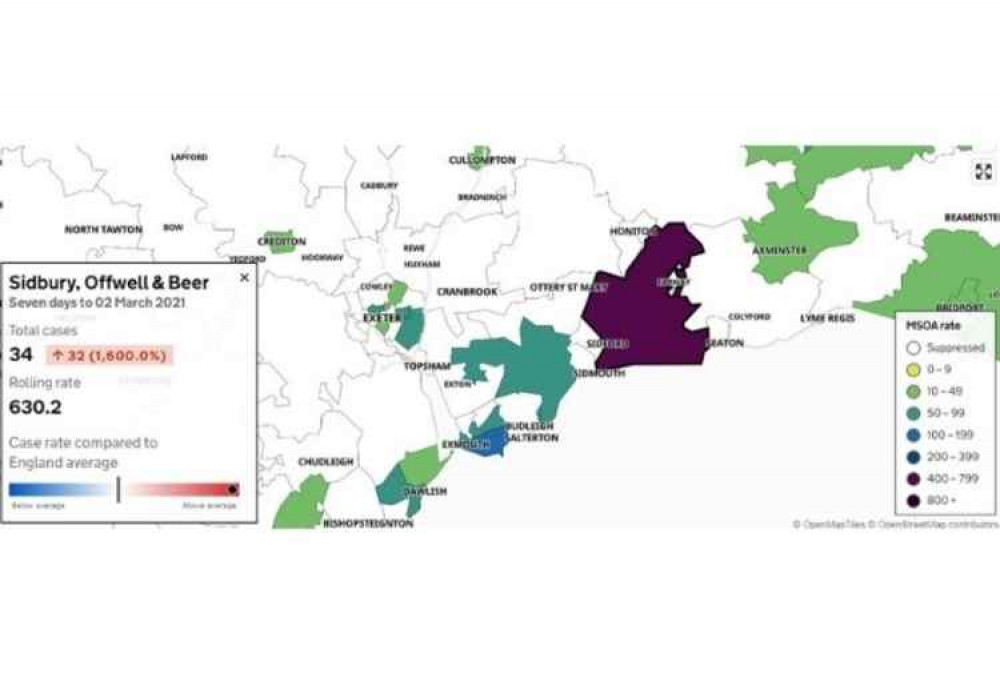 Government map of infection rates for the Sidbury, Offwell and Beer area