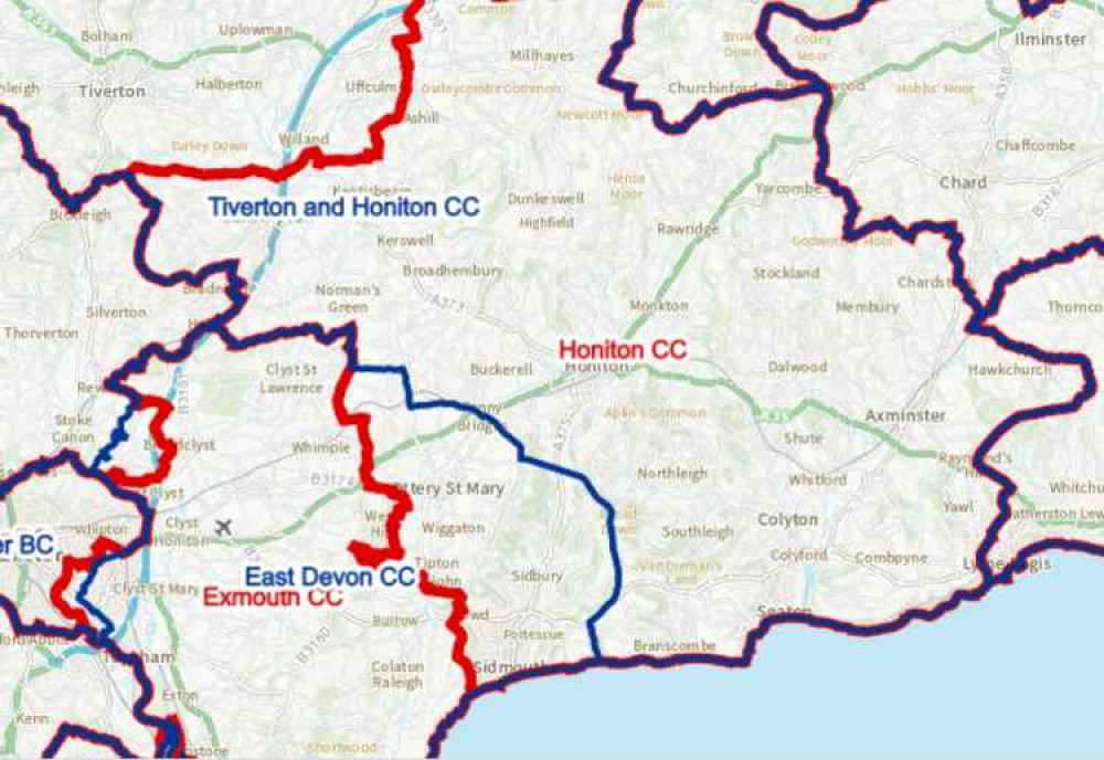 Map showing the existing boundaries in blue, and the new ones in red