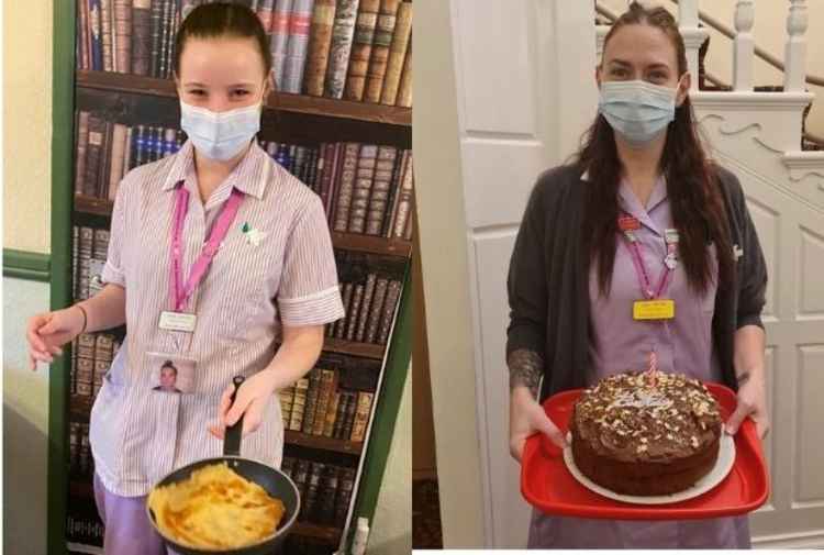 Naomi, left, making pancakes, and Senior Care Assistant Carly with birthday cake