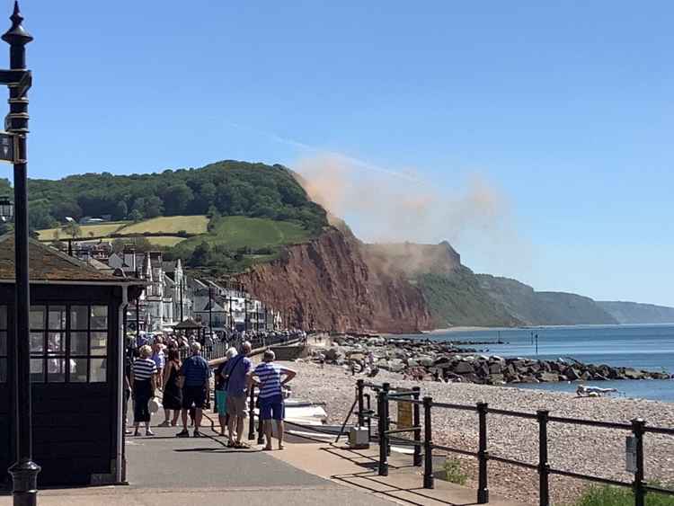 Dove Court outing to Sidmouth: the view included a large rock fall on the cliffs...Shirley asked if Philip had arranged that to impress them!