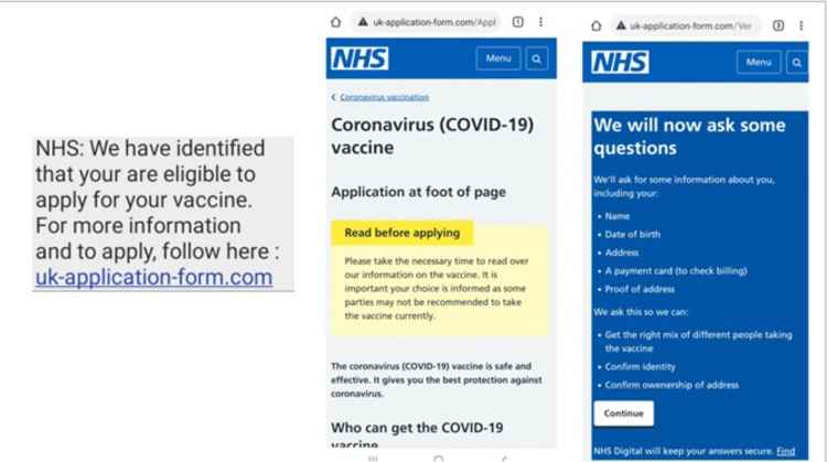 A fake NHS text and website, set up to take advantage of the Covid vaccination programme A fake NHS text and website, set up to take advantage of the Covid vaccination programme