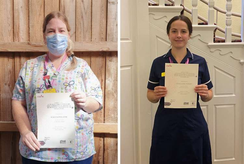 L to R: Rebecca Louise Drake and Stacie Lauren McGrory holding their NCFE Cache Level 2 in Understanding Mental Health First Aid and Mental Health Advocacy in the Workplace certificates. Credit: Doveleigh Care Ltd