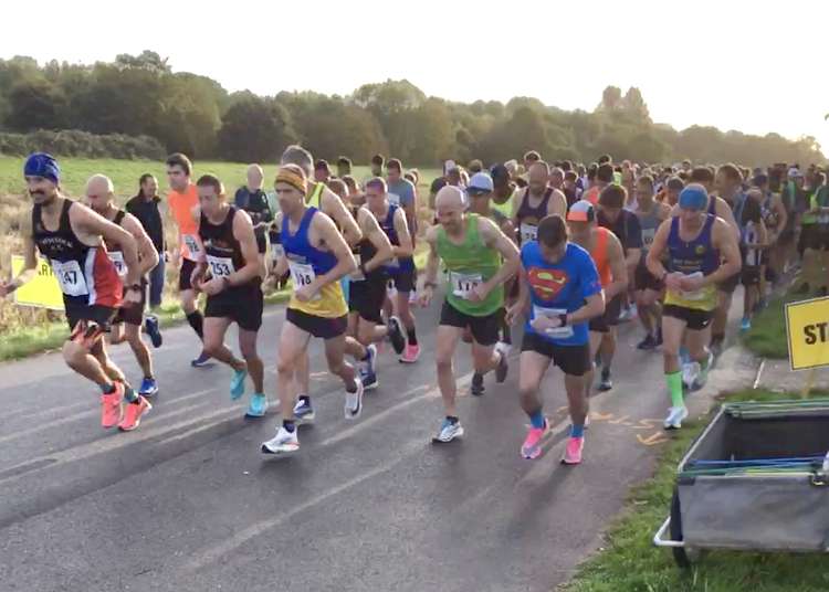 And he's off!  David Knapman at the start of the Exeter Marathon