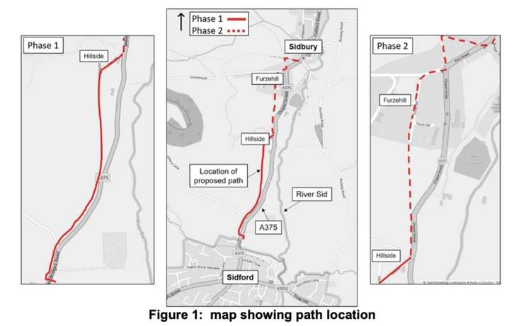 The two phases of development for the route between Sidford and Sidbury. © OpenStreetMap contributors/Devon County Council