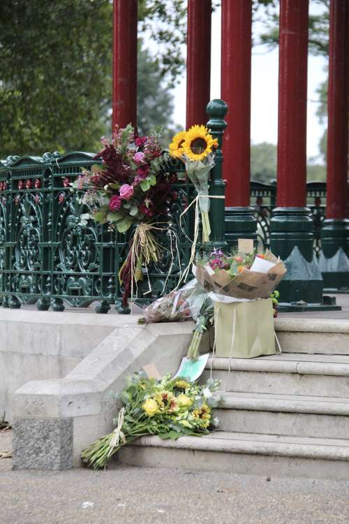 Flowers left at the bandstand on Clapham Common today (Thursday, September 30) in memory of Sarah Everard (Image: Issy Millett, Nub News)