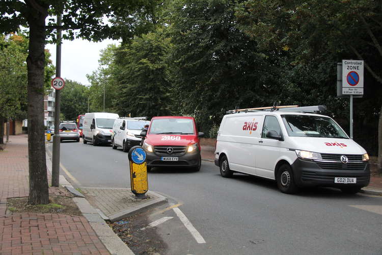 Traffic that on Tuesday stretched to Clapham South tube station this afternoon stopped before Alderbrook Road, with only a handful of cars in the traffic queuing for petrol (Image: Issy Millett, Nub News)