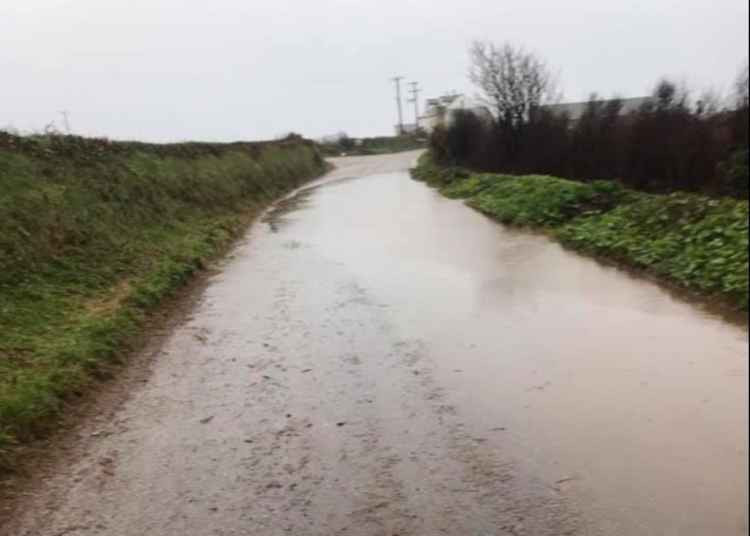 Photo of a road in Porthleven that is flooded, taken yesterday by Pam Kitchen.