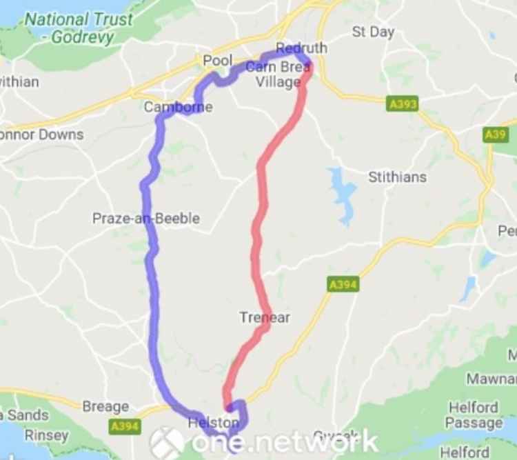 The diversion route. Credit: One Network. Red Line - Section subject to restriction, Blue Line - Alternative route.