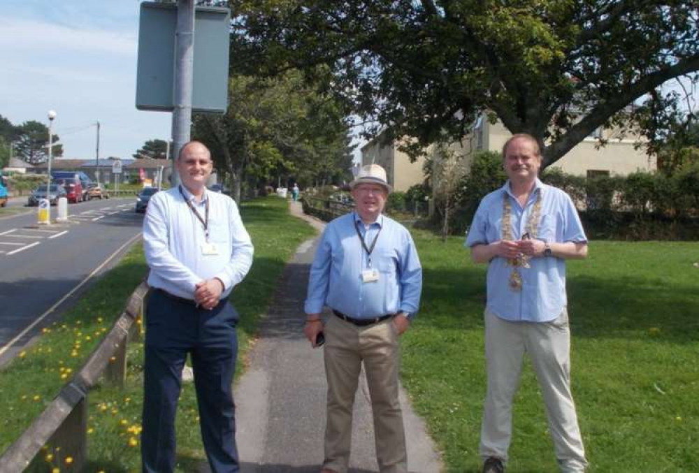 Helston's Mayor, Tim Grattan-Kane, Cornwall Councillors Mike Thomas and Guy Foreman. Credit: Helston Town Council.