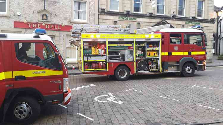 Fire engines outside of the Bell Hotel in Shepton Mallet this morning