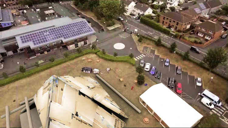 The virtual cardboard Pyramid Stage at Brookside Academy in Street, who are hosting the event