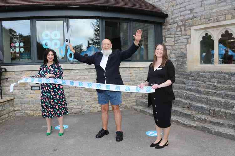 Pilton Co-op store manager, Vicki McLaurie (right), Michael Eavis and Co-op Food CEO, Jo Whitfield