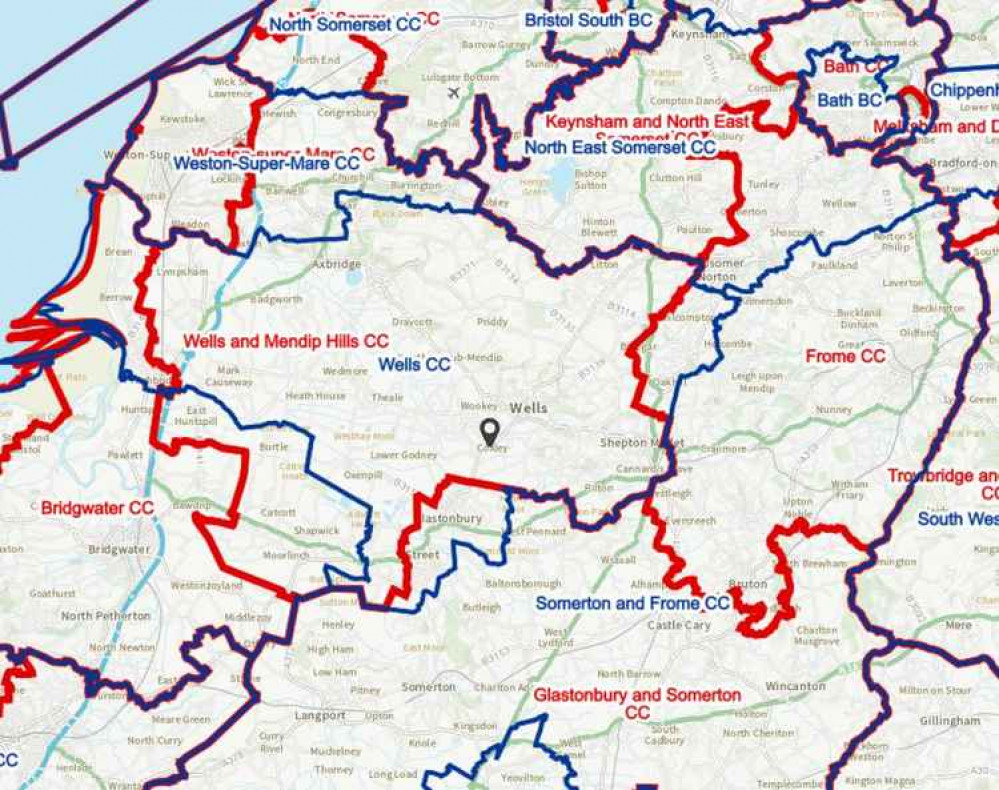 The map of the proposed constituency changes. The current constituencies are in blue and the proposed constituencies are in red