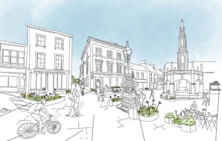 Artist's impression of pedestrianised Market Place in Shepton Mallet (Photo: LUC)