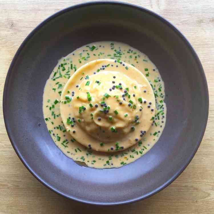 Falmouth ravioli, velvet crab and clotted cream sauce.