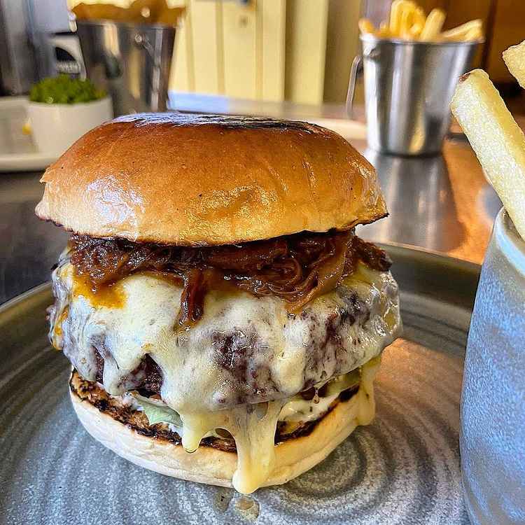 Restaurant's new burger: Aged Cornish beef patte with 8 hour slow cooked brisket of Launceston beef, barbecue sauce & smoked apple wood cheese.