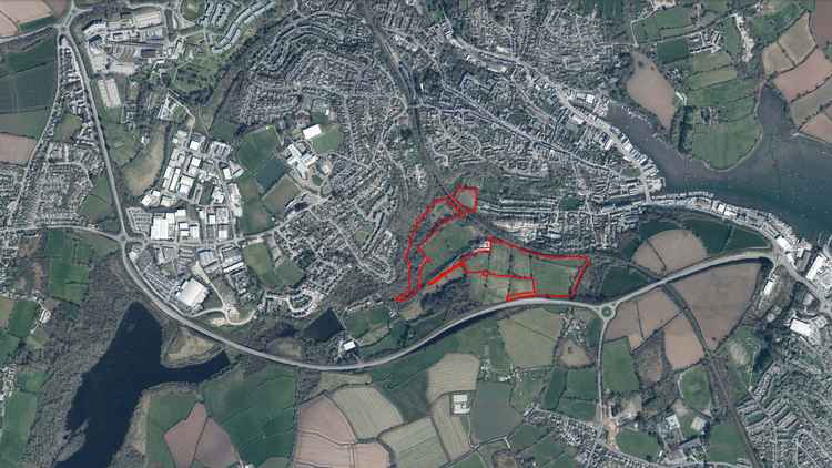 Aerial view of the proposed site of the development of 121 homes off College Hill Penryn