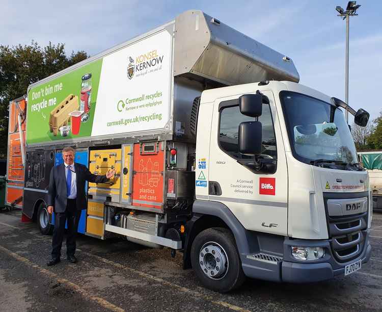 Rob Nolan, Cornwall Council Cabinet member for environment and public protection, with one of the new recycling trucks to be used in Cornwall