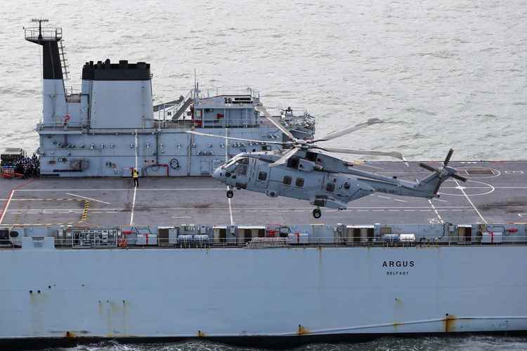 Merlin helicopter on RFA Argus. Credit: Royal Navy.