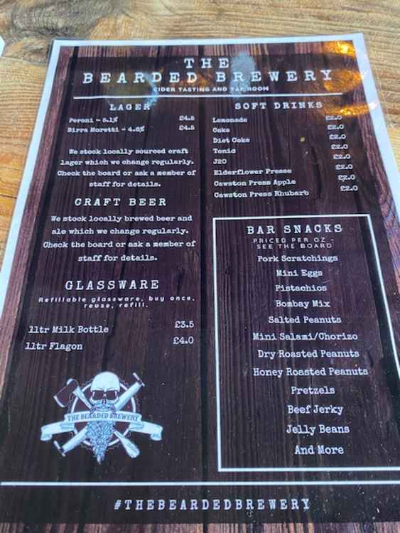 The menu at The Bearded Brewery, Falmouth.